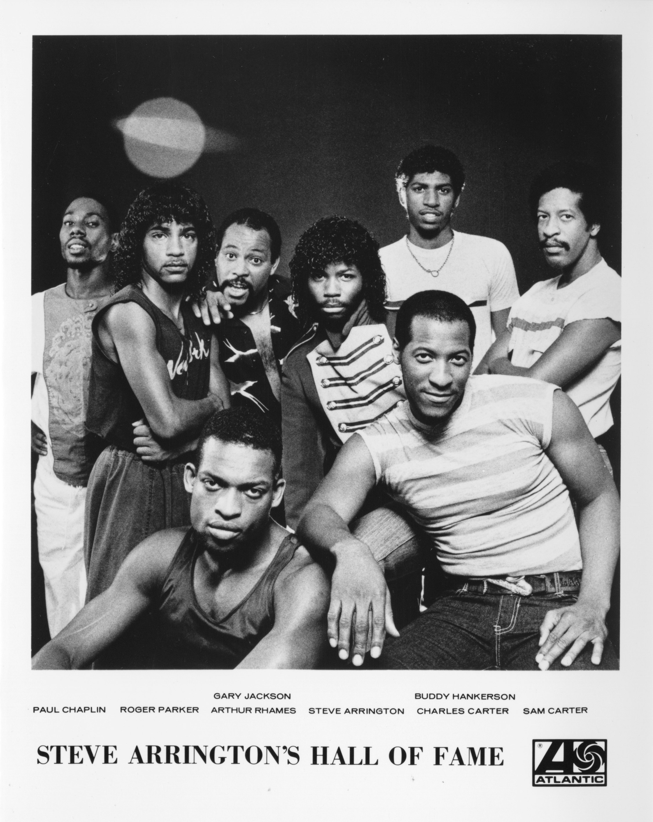 Steve Arrington’s Hall of Fame. (clockwise from top left) Paul Chaplin, Roger Parker, Gary Jackson, Steve Arrington, Buddy Hankerson, Sam Carter, Charles Carter, and Arthur Rhames. Photo courtesy of Warner Music Group Archives